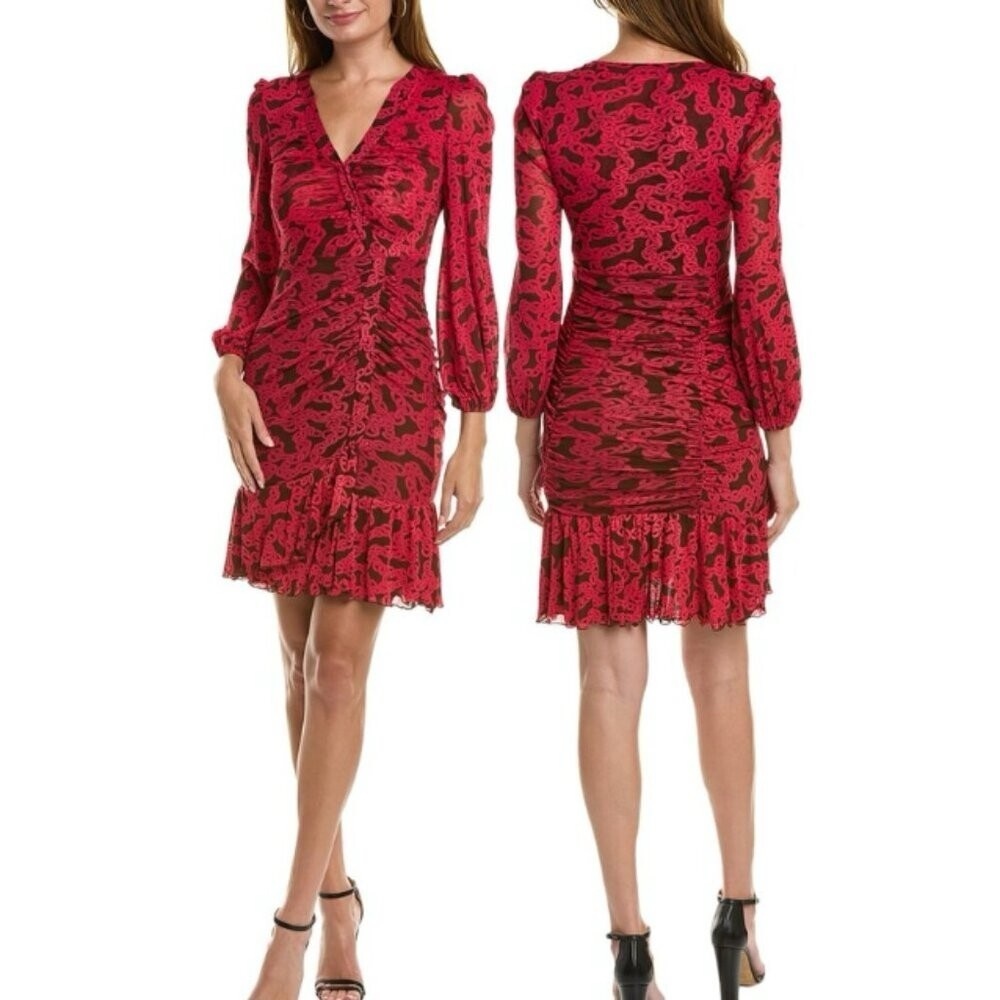 Diane Von Furstenberg Rio Dress Long Sleeve Ruched Chain Link in Red Pink